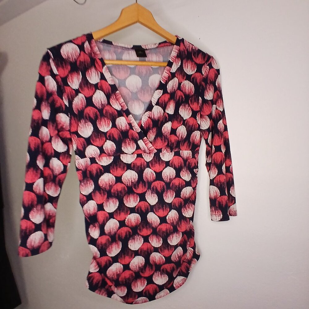 UEC Ann Taylor Pink, Black, Red abstract faux wrap 3/4 sleeve, cinch sides sz Md